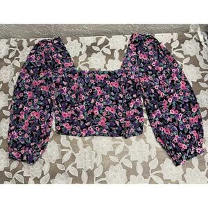 Zara Crop Top Shirt Purple Pink Flowers Square Neck XS 3/4 Sleeve